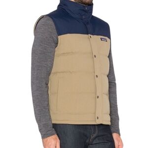 Patagonia Men’s Bivy Two-Tone Puffer Down Vest in Navy & Khaki Size S